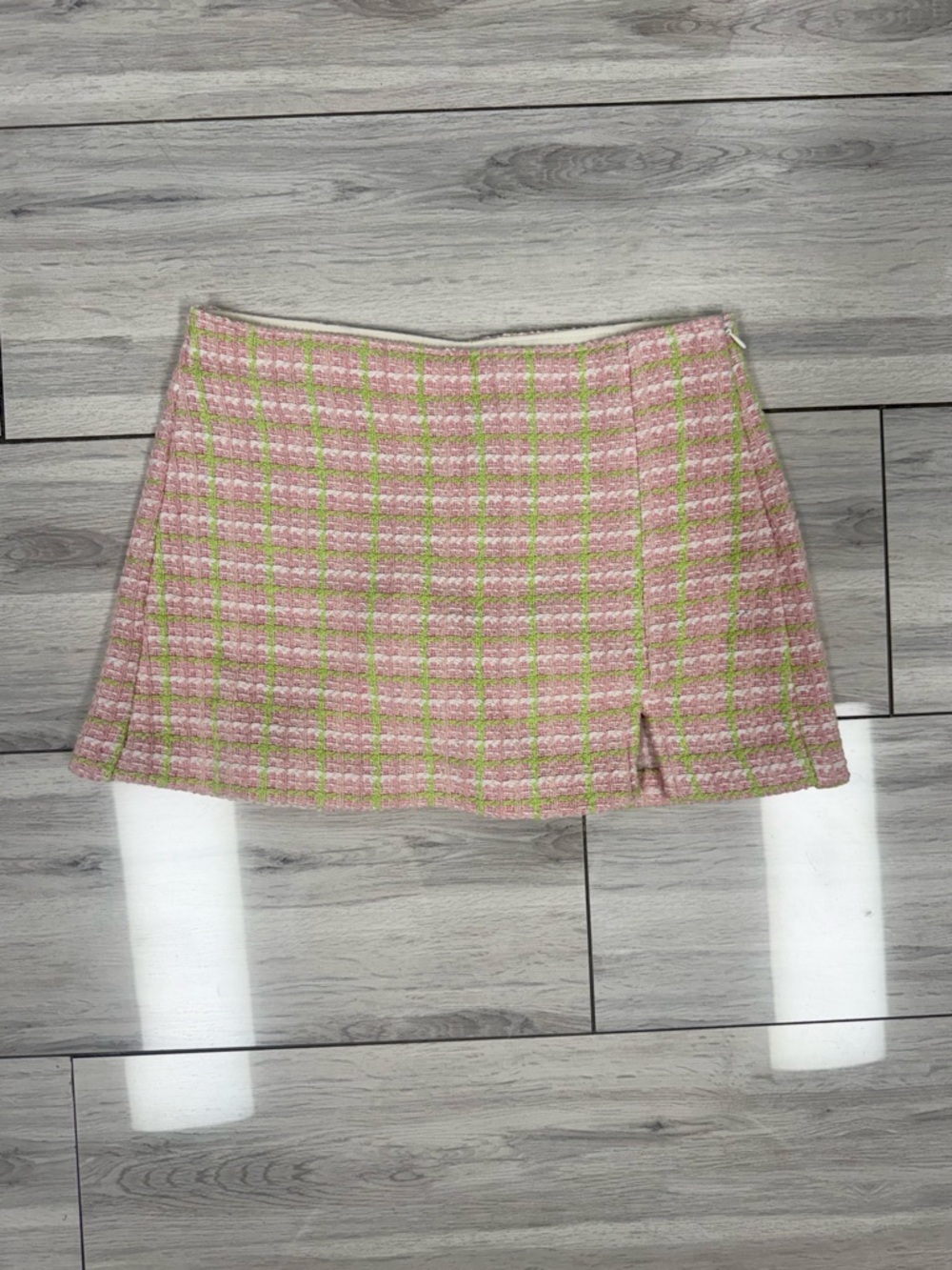 Zara Pink Tweed Mini Skirt with Lime Windowpane